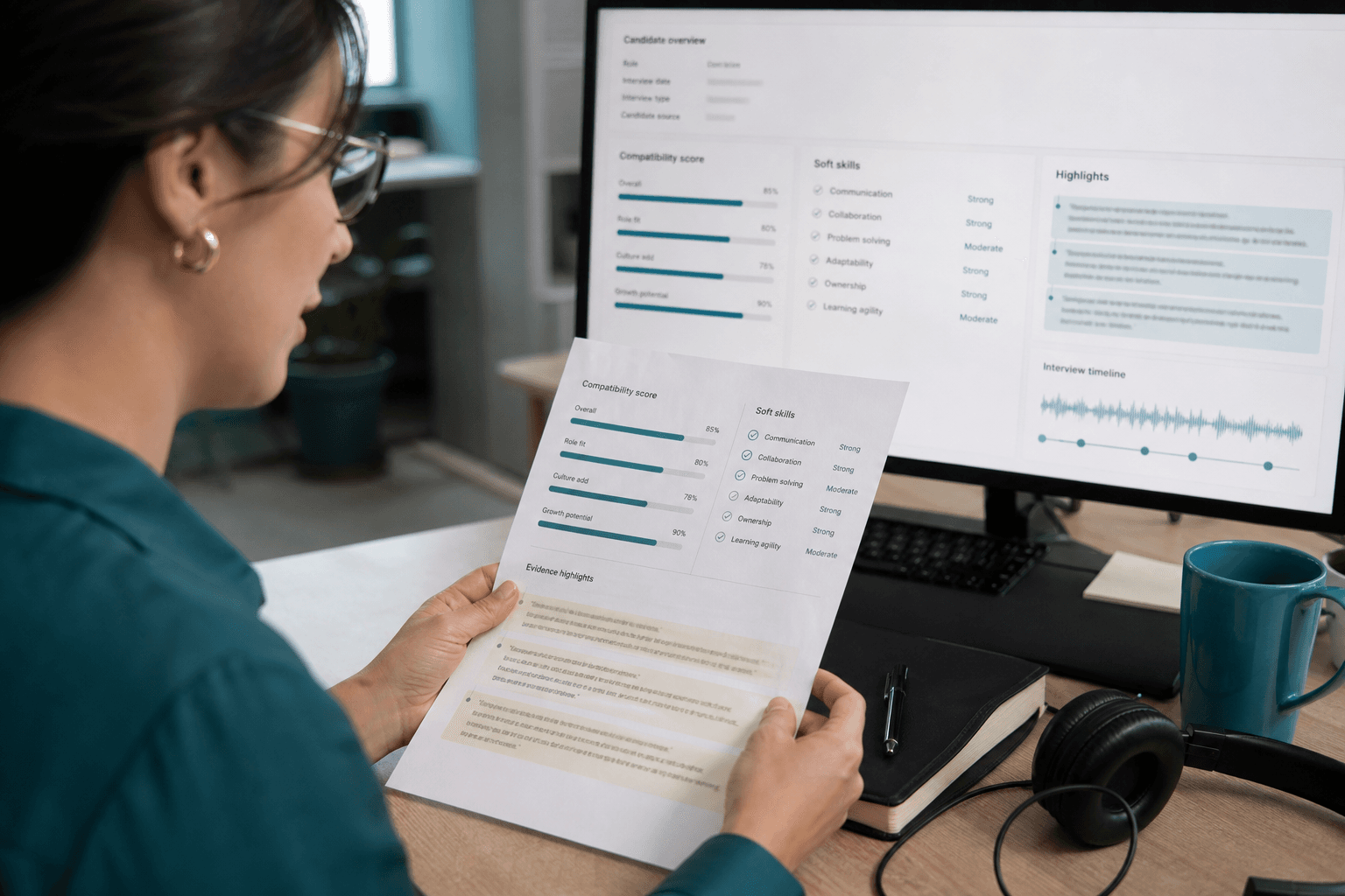 Recruteur analysant une fiche candidat avec scores de soft skills et notes de preuves comportementales.
