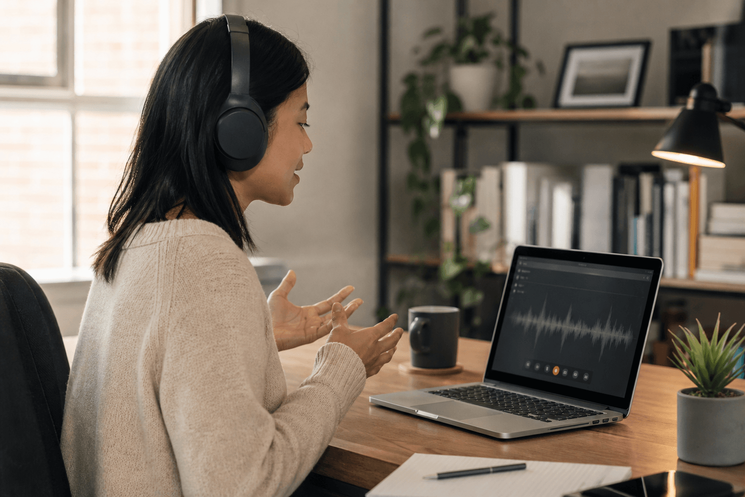 Candidat seul avec casque audio, en entretien vocal asynchrone devant son ordinateur portable.