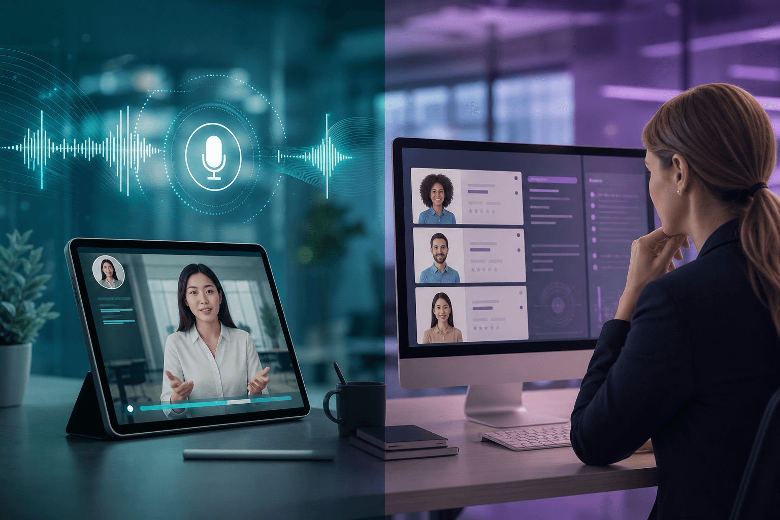 Async AI interview on tablet and human recruiter reviewing structured candidate dossiers.