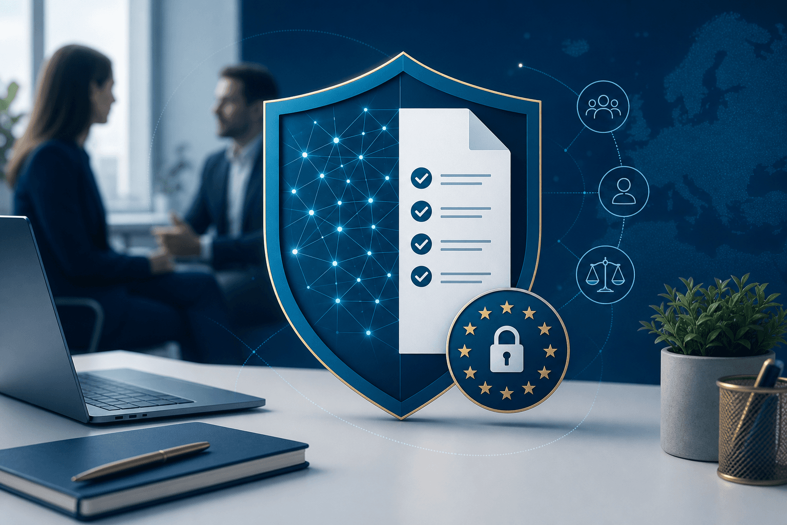 Illustration conformité RGPD et IA Act appliquée au recrutement : bouclier de protection des données et checklist.