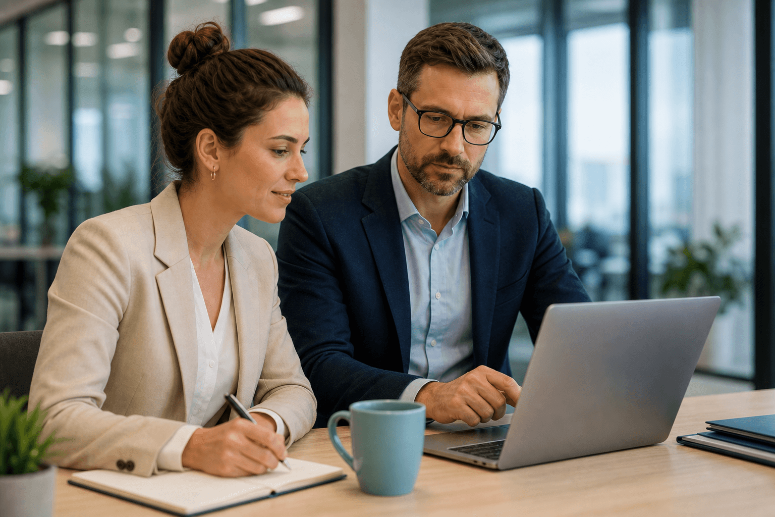 Illustration of a recruiter and hiring manager briefing after AI pre-screening.
