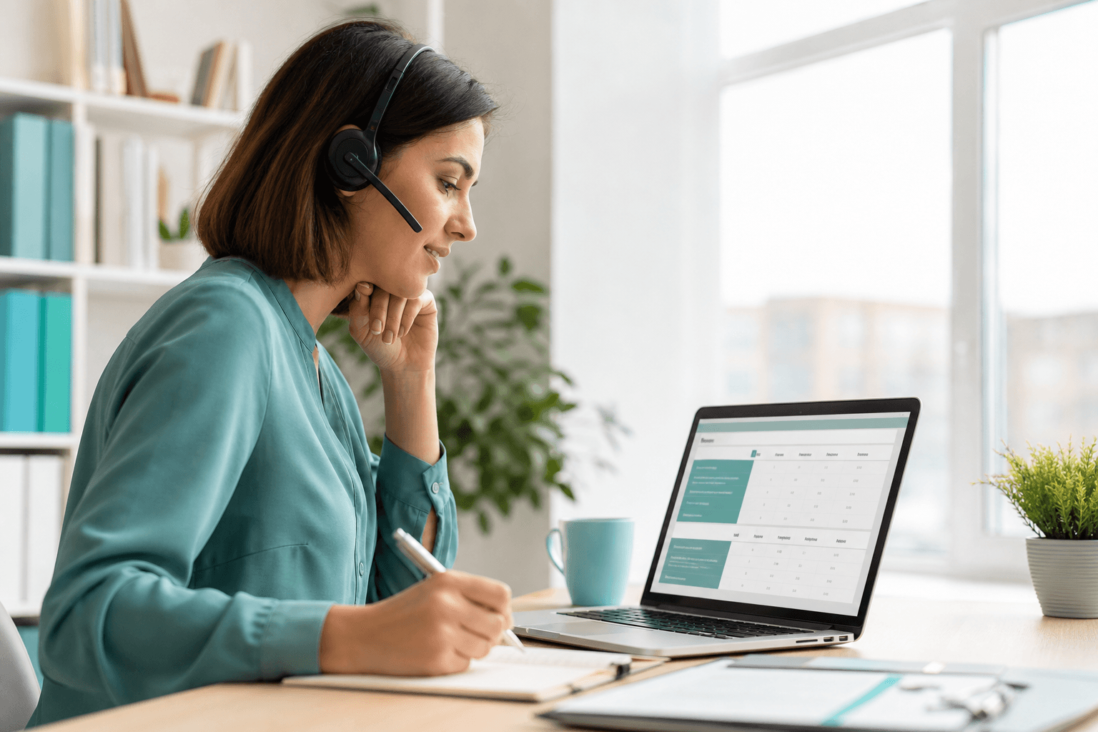 Recruiter on a phone call with headset, scoring a candidate on a structured evaluation grid.